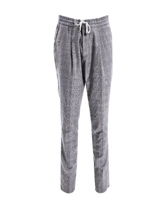 Relaxed fit pants for laid-back comfort wear -Brunello Cucinelli Plaid Drawstring Trousers in Grey Cotton