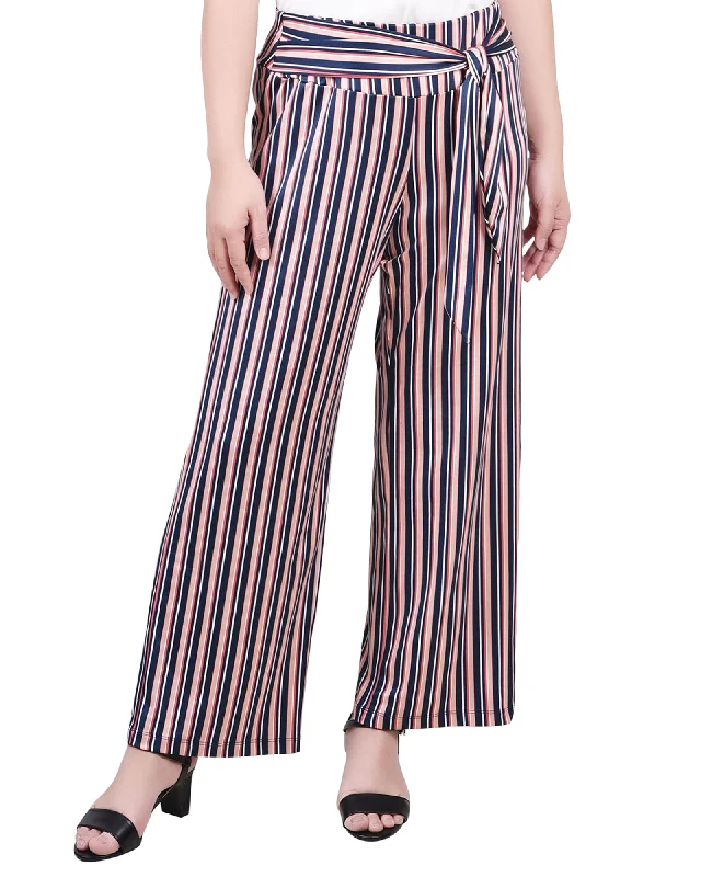 Stretch corduroy pants for cozy fall fashion -Petite Cropped Pull On Pants With Sash