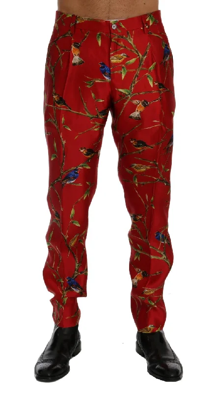 Durable canvas pants for heavy-duty work use -Dolce & Gabbana Elegant Silk Dress Trousers in  Bird Men's Print