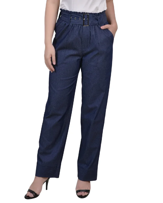 Rugged work pants for construction job durability -Petite Pull On Chambray Belted Pants