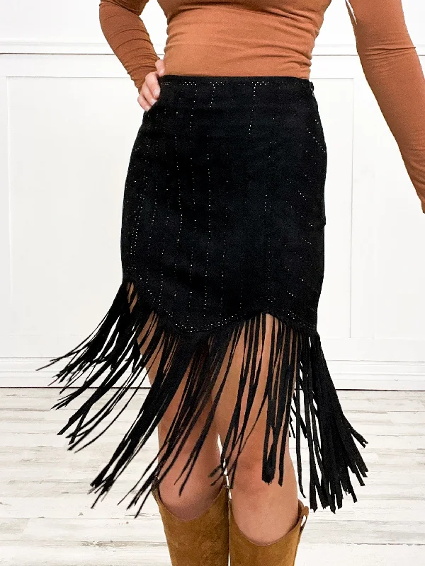 Bermuda Shorts for Modest Style -Laser Cut Detail Chic Suede Fringe Skirt