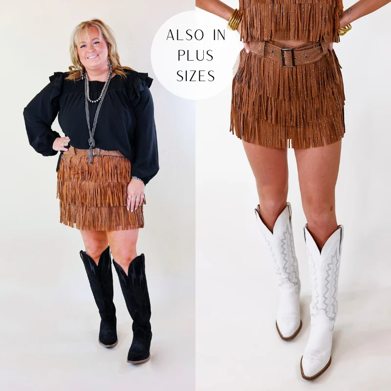 Lightweight linen skirts for breathable wear -Cowboy Killer Crystal Fringe Mini Skort in Camel Brown