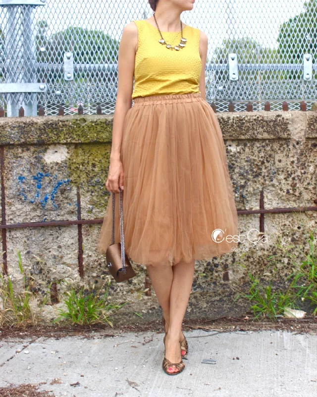 Soft skirts with plush cotton lining -Claire Light Coffee Soft Tulle Skirt - Below Knee Midi