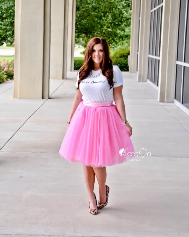 Ruffled maxi skirts for boho summer flair -Clarisa Rose Pink Tulle Skirt - Midi