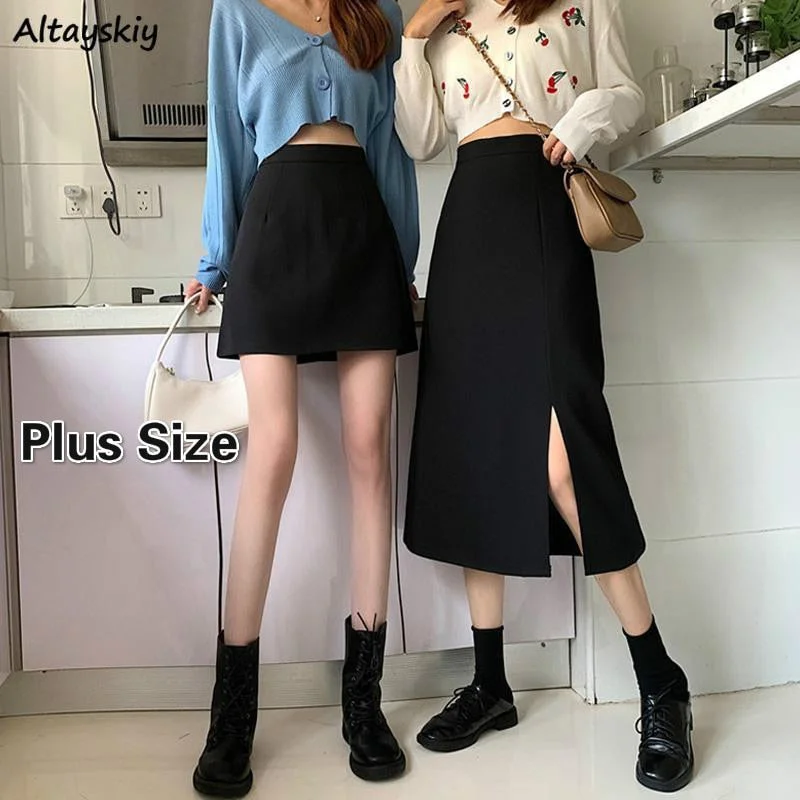 Black Skirts Women Mid-calf College A-line High Waist Korean Style Plus Size Streetwear Chic Female Bottom