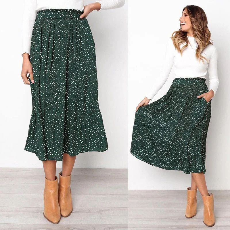 White Dots Floral Print Pleated Midi Skirt Women Elastic High Waist Side Pockets Skirts