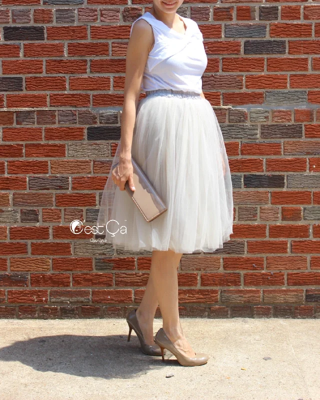 Trendy skirts with asymmetrical hem lines -Claire Dove Gray Soft Tulle Skirt - Below Knee Midi