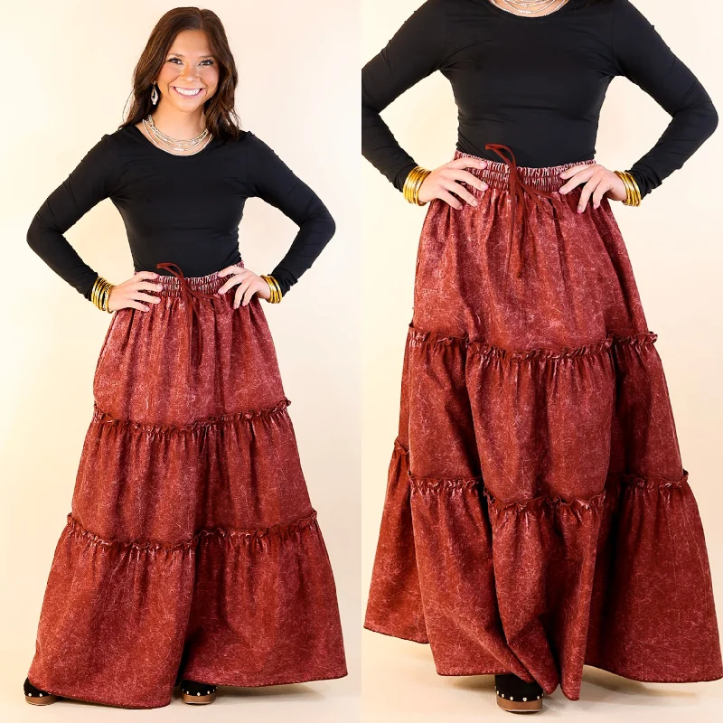 Vintage skirts with 70s-inspired designs -Boho Bliss Acid Wash Tiered Ruffle Maxi Skirt in Dark Rusted Red