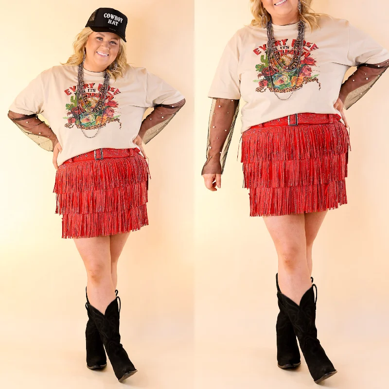 Durable skirts with reinforced seam strength -Cowboy Killer Crystal Fringe Mini Skort in Red