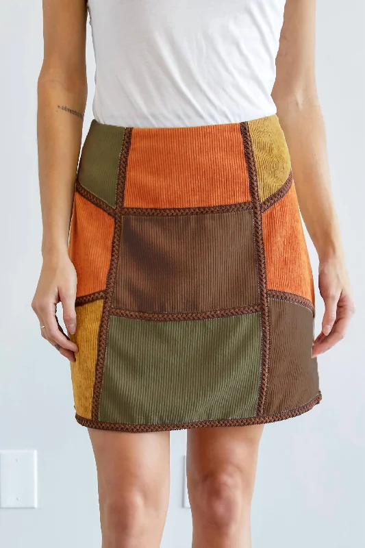 Corduroy Color Block Mini Skirt In Rust