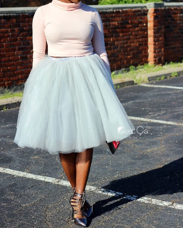 Affordable skirts with basic solid colors -Clarisa Dove Gray Tulle Skirt - Midi