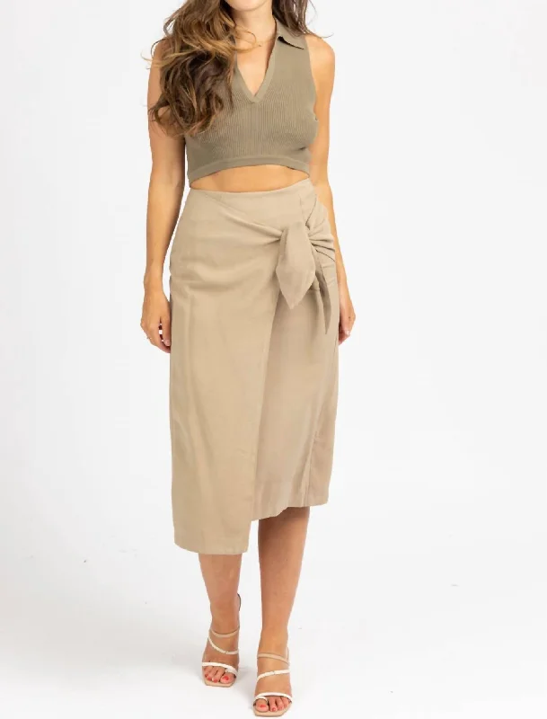 Wrap Tie Front Midi Skirt In Khaki