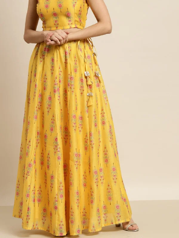 Cute skirts with playful polka dots -Women Yellow Floral Aanrkali Skirt