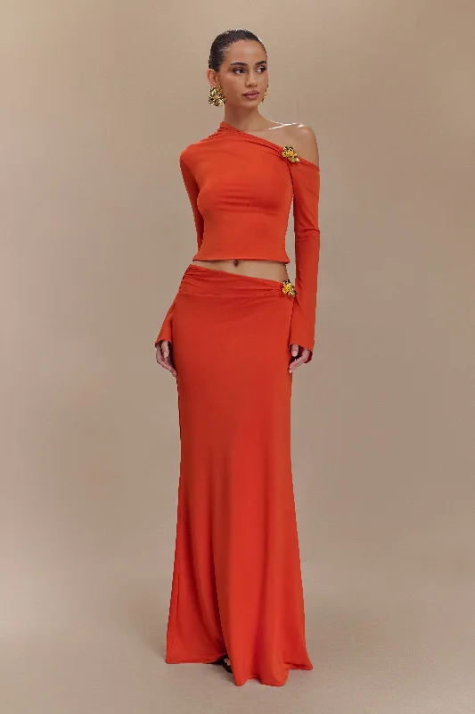 Classic black maxi skirts for versatility -Ainsley Asymmetrical Maxi Skirt With Floral Hardware - Burnt Orange