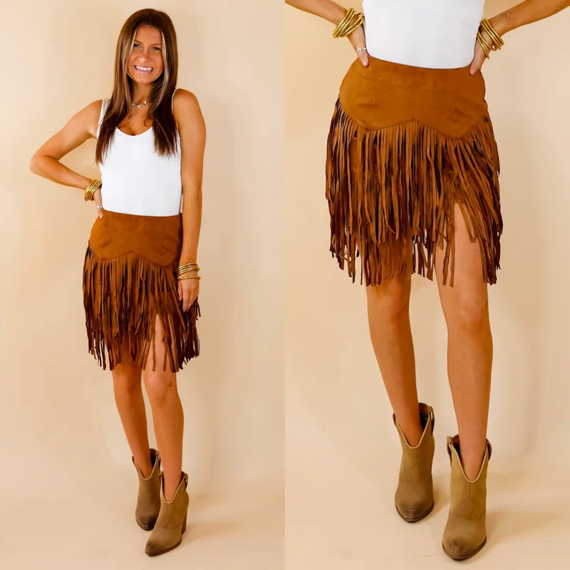 Wrap skirts for adjustable stylish fit -Pep Into Your Step Suede Fringe Skirt in Camel Brown