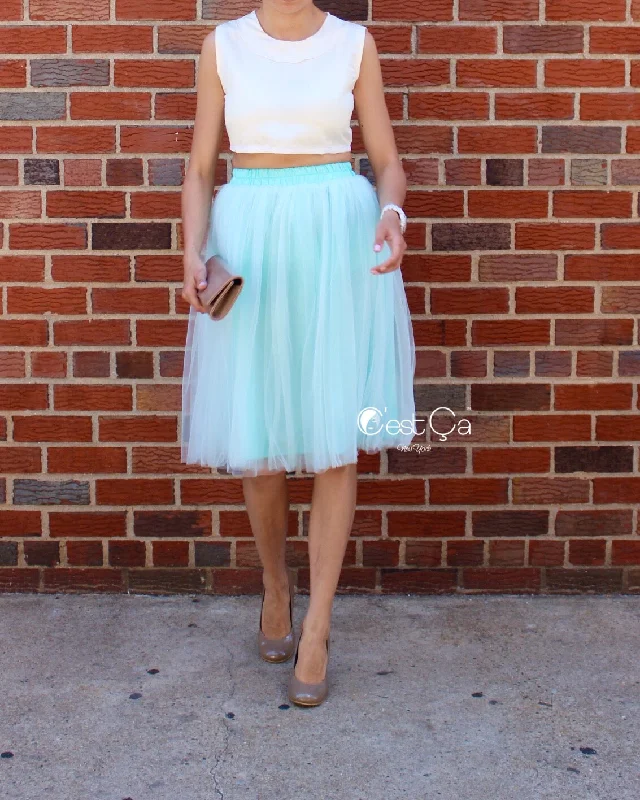 Wrap skirts for easy adjustable fit -Claire Mint Green Soft Tulle Skirt - Below Knee Midi