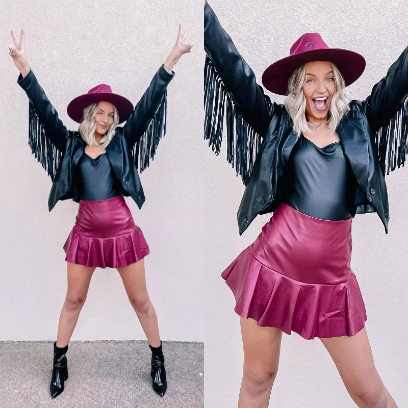 Stretchy skirts for all-body inclusivity -Dose of Dreamy Faux Leather Ruffle Mini Skort in Maroon