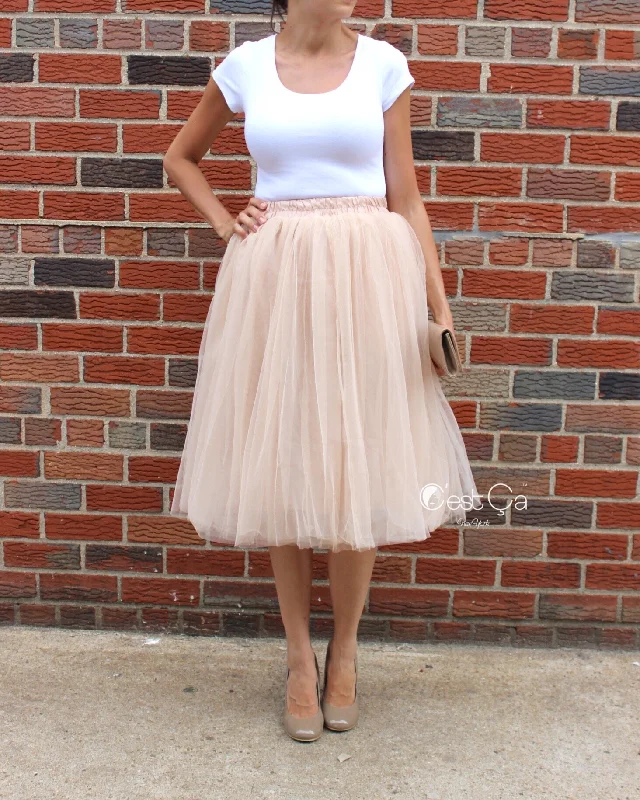 Cute skirts with playful polka dots -Claire Beige Soft Tulle Skirt - Below Knee Midi