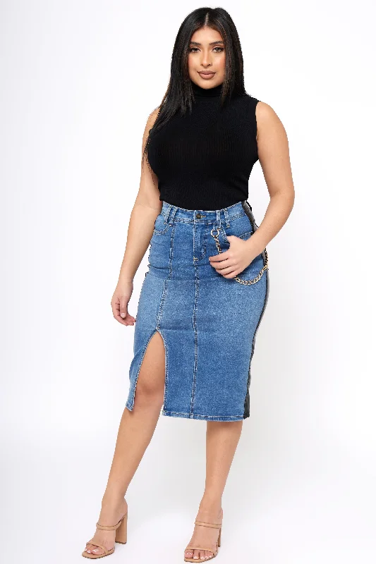 Cute pleated skirts for youthful school outfits -Bad Habits - Denim & Leather Midi Skirt