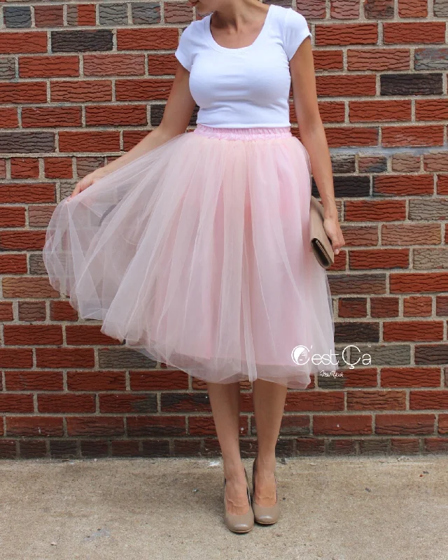 Cute mini skirts for fun party nights -Claire Blush Pink Soft Tulle Skirt - Below Knee Midi