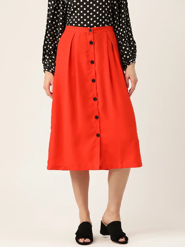 Patterned skirts with bold stripe accents -Women Red Solid Midi A-line Skirt