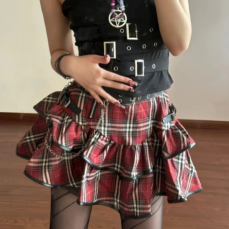 Pleated skirts with delicate pastel tones -Tartan Red Plaid Goth Skirt