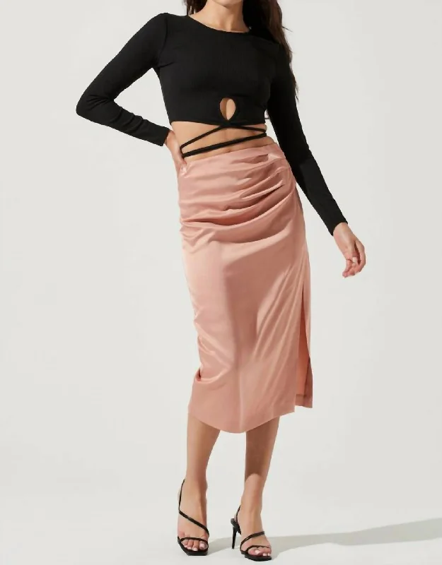 Perry Ruched Side Slit Midi Skirt In Blush Pink