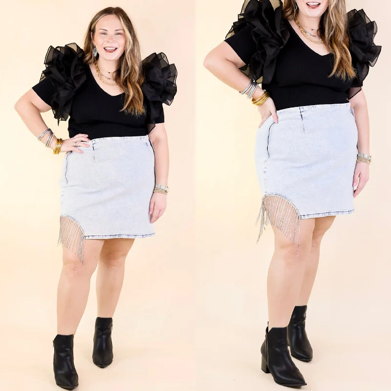 Classic skirts with simple clean lines -Grandest Moments Denim Mini Skirt with Crystal Fringe in Light Wash