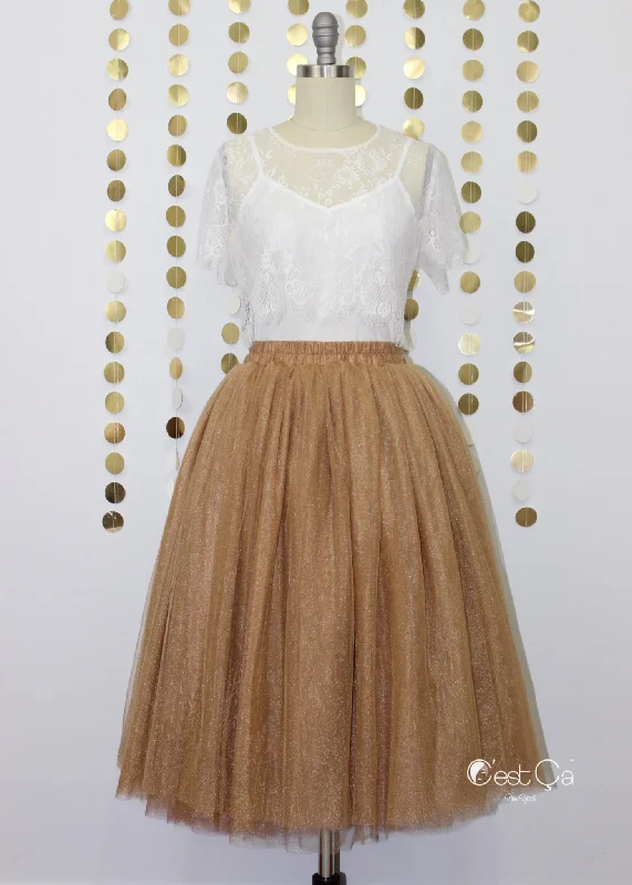 Pleated skirts with delicate pastel tones -Diane Metallic Bronze Tulle Skirt - Below Knee Midi