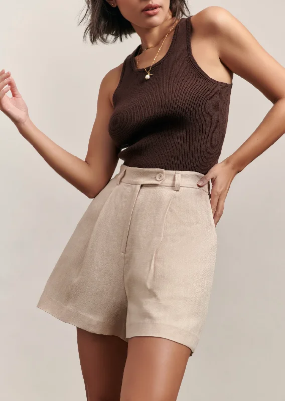 Zippered Shorts for Convenience -The Freya Linen Short - Beige