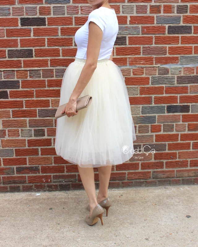 Cute mini skirts for fun party nights -Claire Champagne Soft Tulle Skirt - Below Knee Midi