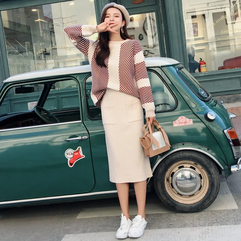 Winter Knitted 2 Piece Set Women Thick Striped Loose Sweater + Pencil Pocket Skirts Suit Female