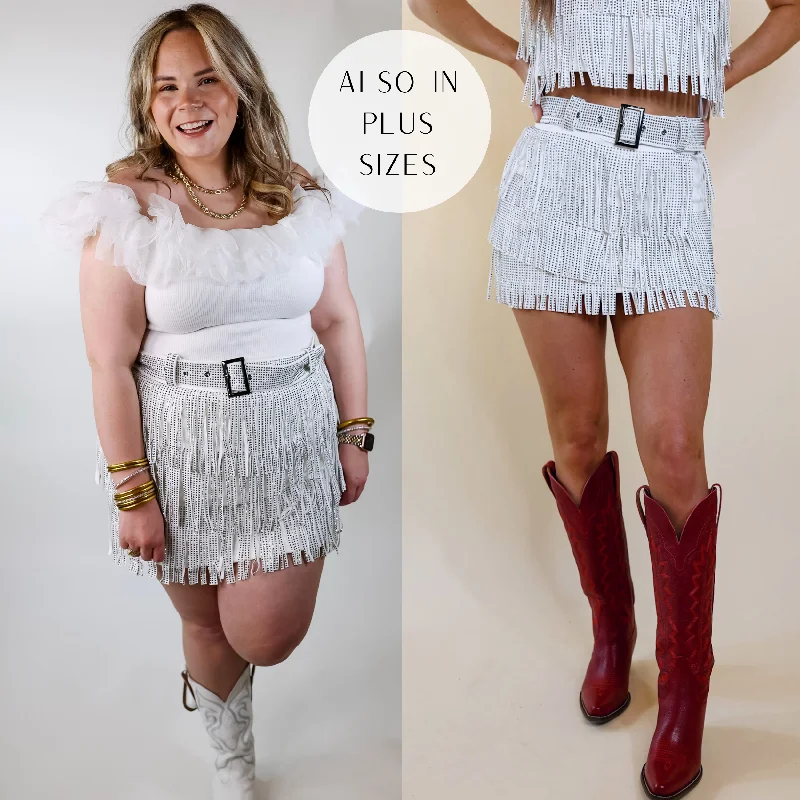 Trendy skirts with bold plaid patterns -Cowboy Killer Crystal Fringe Mini Skort in White