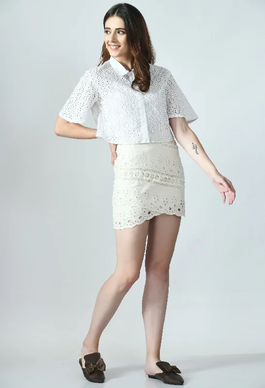 Patterned skirts with geometric print edge -Cutwork Embroidery Short Skirt