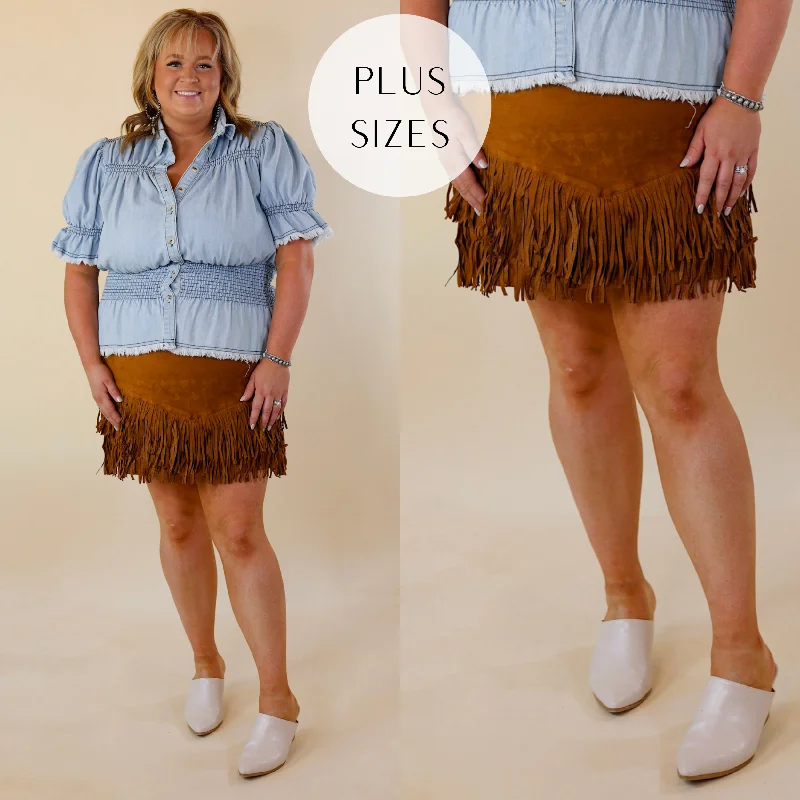 Patterned skirts with unique abstract art -Plus Sizes | Pep Into Your Step Suede Fringe Skirt in Camel Brown