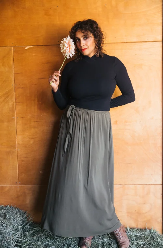 Affordable skirts for budget-friendly wardrobe updates -Maxi Wrap Skirt in Olive Challis