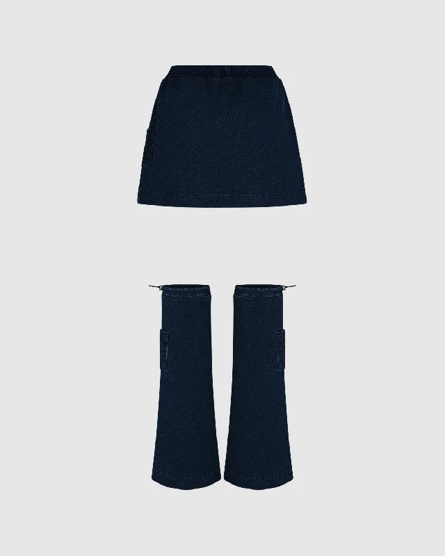 Trendy skirts with modern cutout designs -INDIGO DENIM UNIFORM SWEATSKIRT & LEG WARMERS