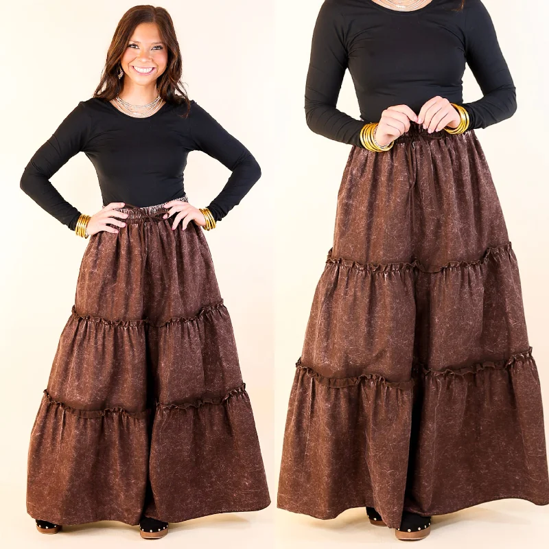 Patterned skirts with geometric print edge -Boho Bliss Acid Wash Tiered Ruffle Maxi Skirt in Dark Brown