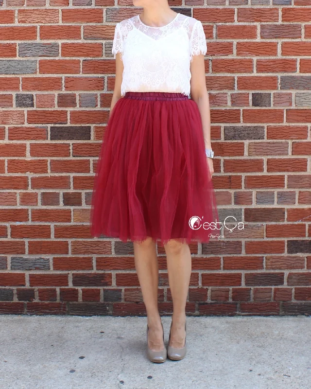 High-waisted denim skirts for cool lift -Claire Burgundy Soft Tulle Skirt - Midi