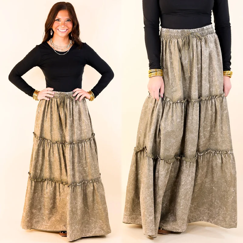 Pleated midi skirts for timeless grace -Boho Bliss Acid Wash Tiered Ruffle Maxi Skirt in Olive Green