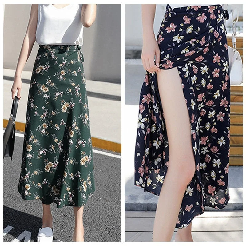 Boho Flower Long Skirt Summer Beach Sunny Ladies Casual Skirts Floral Chiffon Skirt