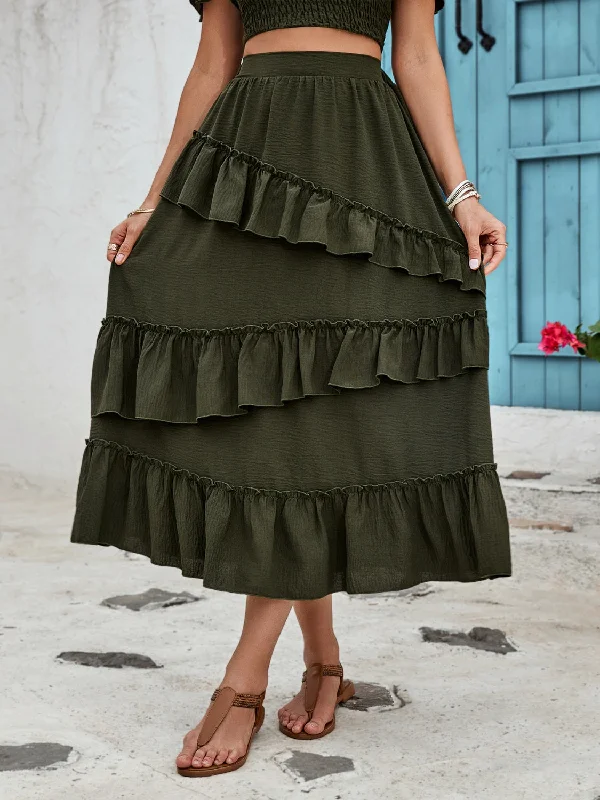 Patterned skirts with geometric print edge -Ruffled Elastic Waist Midi Skirt