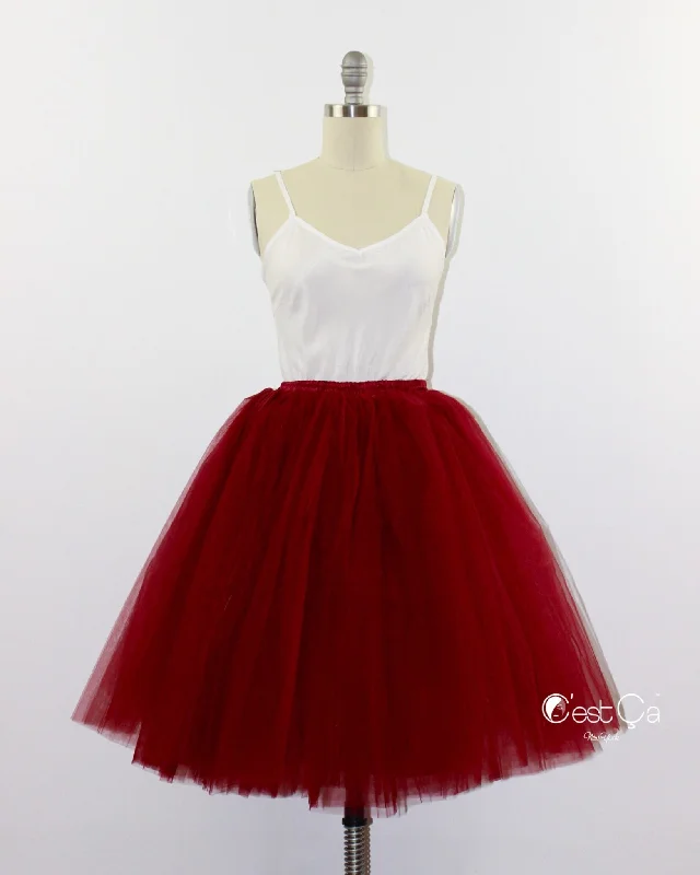 Ruffled skirts with lace trim softness -Clarisa Burgundy Tulle Skirt - Midi