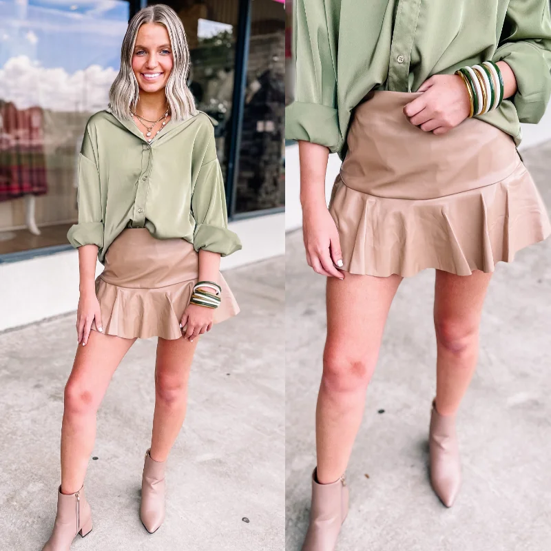 Trendy skirts with modern cutout designs -Dose of Dreamy Faux Leather Ruffle Mini Skort in Taupe