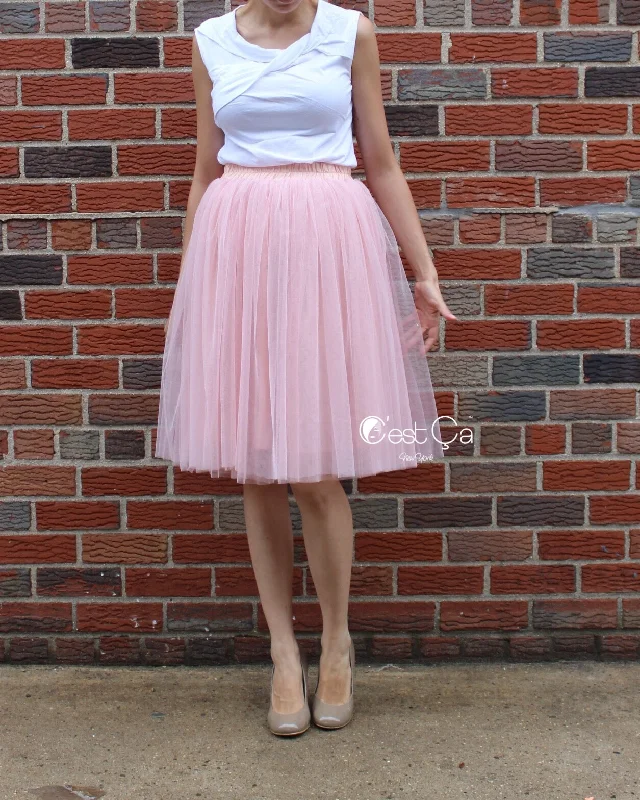 Lightweight cotton skirts for summer ease -Corinne Gray Pink Soft Tulle Skirt - Midi