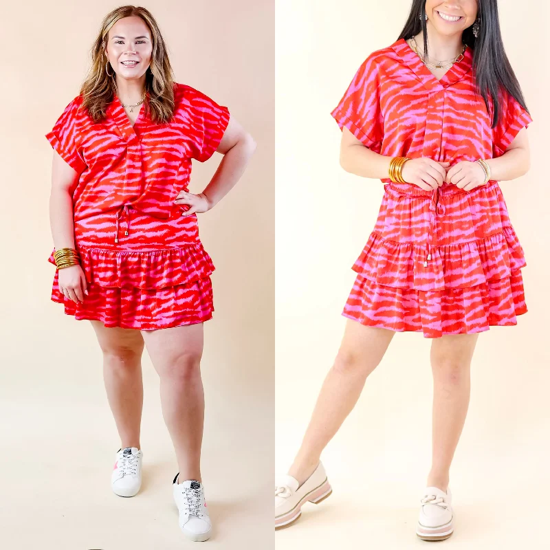 A-line skirts with flared hem elegance -Vibrant Vibes Zebra Print Tiered Skort with Drawstring Waist in Red and Pink