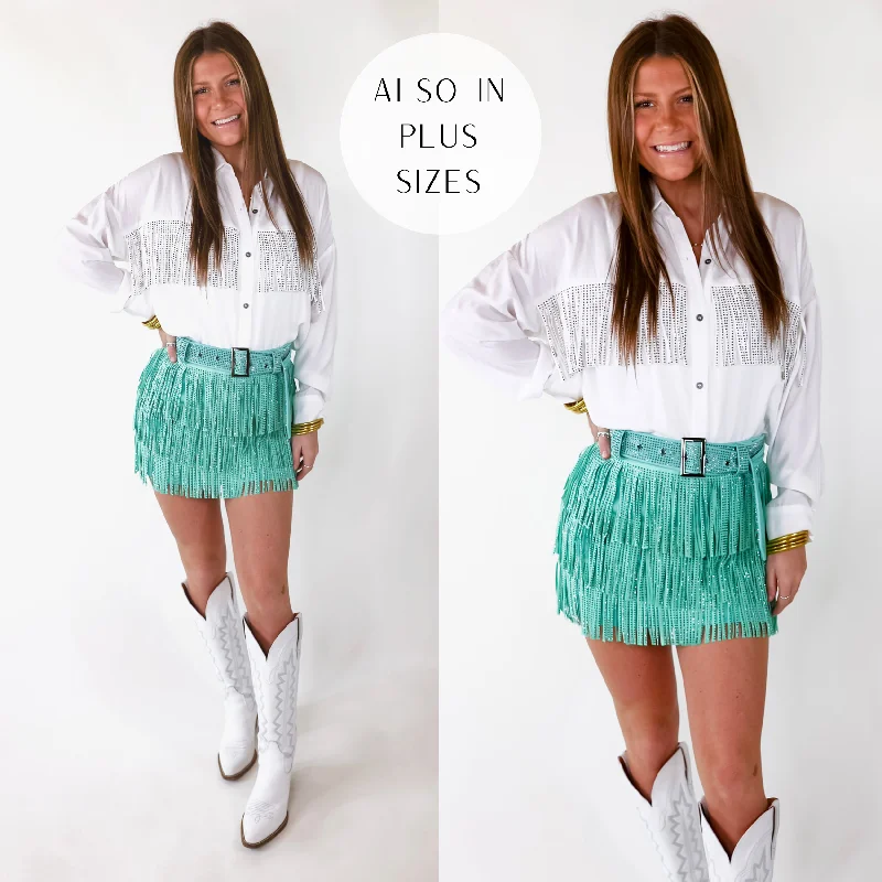 Cute pleated skirts for youthful school outfits -Cowboy Killer Crystal Fringe Mini Skort in Mint Green