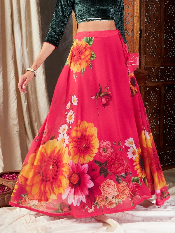 Wrap maxi skirts for versatile styling options -Women Fuchsia Floral Bias Flared Skirt