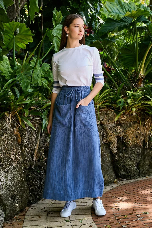 Casual linen skirts for breezy days -DRAWSTRING GAUZE SKIRT-BLUE