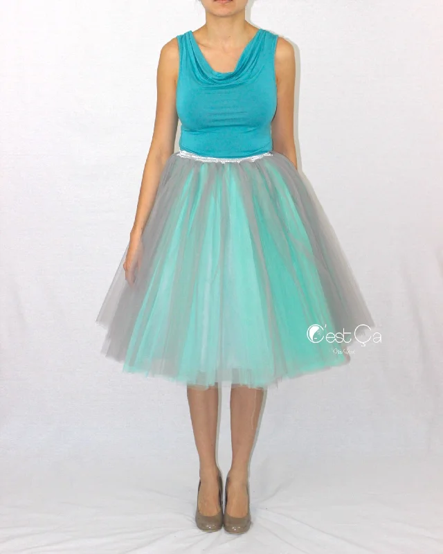 Bold skirts with vibrant tropical prints -Clarisa Ombré Tulle Skirt - Dove Gray & Mint Green, Midi